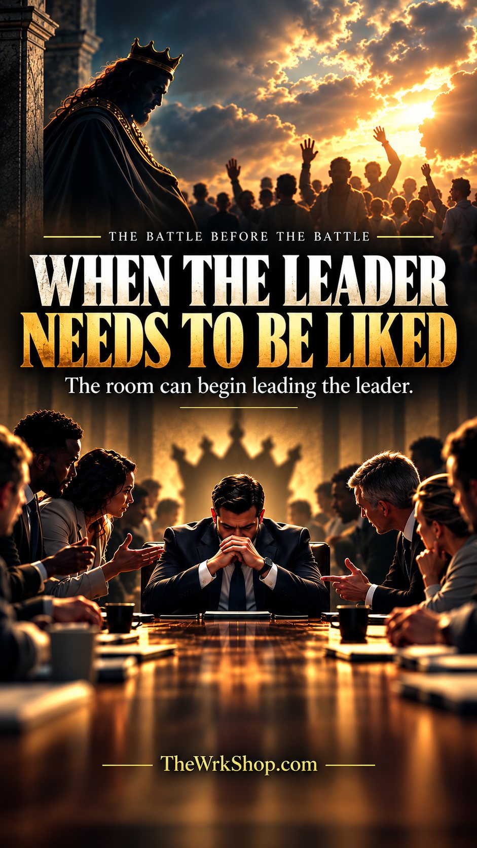 A crowned king looks down on a cheering crowd while a leader sits head bowed at a boardroom table as people press in on him: When the Leader Needs to Be Liked.